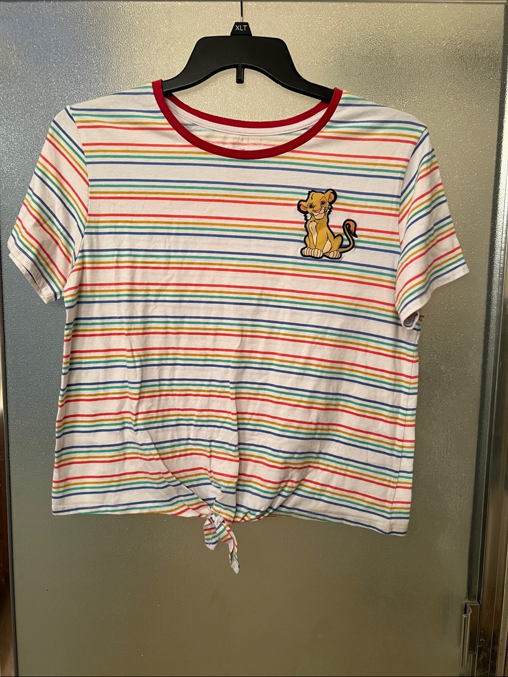 Disney White Rainbow Stripe Tie-Front Tee with Red Neckline and Simba Patch